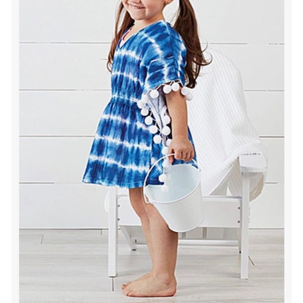 Swim Cover Up Poncho Tunic Tie Die Blue White Pom Bathing Suit Cover Size 12 M -